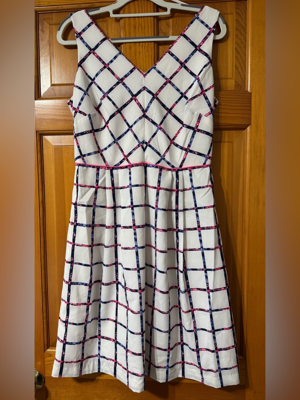 Liz Claiborne White Fit-and-Flare Dress with Navy & Pink Grid